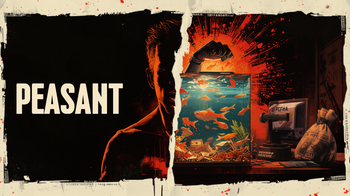 Split-screen diptych: a defeated Peasant in shadow beside a glowing cordless aquarium overflowing with cash, guarded by a robotic fist